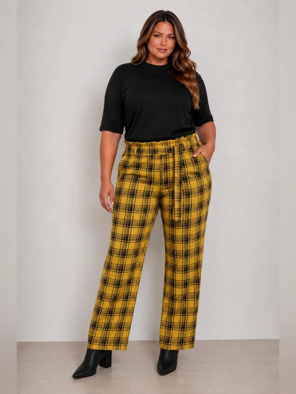 Yellow Plaid Paperbag Waist Pants Plus Size Wide Leg